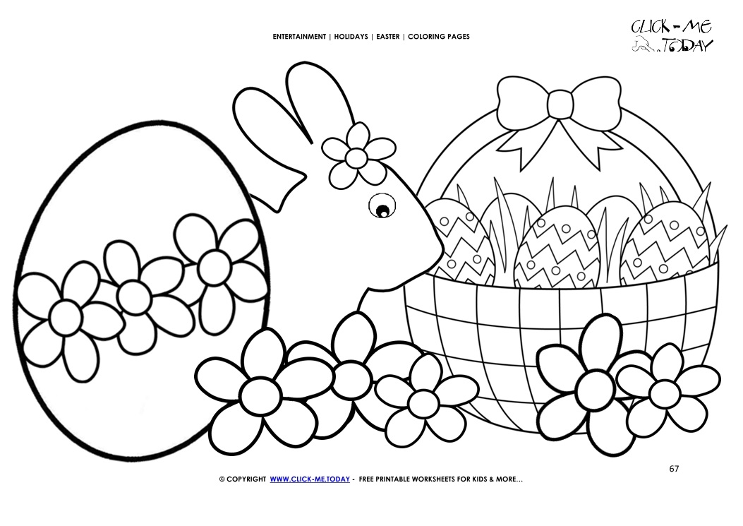 Easter Coloring Page: 67 Easter bunny & eggs basket with flowers